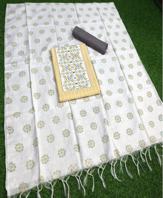 Pure Cotton Dress Materials - White_Yellow Color - M843